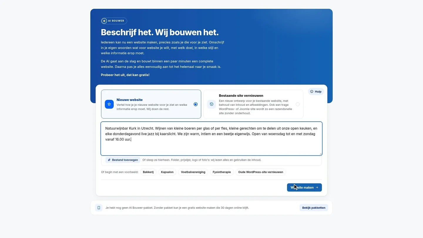 Úvodná obrazovka AI Builder: pod Nová webová stránka je popis vinárne s prírodnými vínami v Utrechte, vpravo dole tlačidlo na vytvorenie webovej stránky.