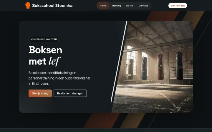 Domovská stránka Boksschool Stoomhal, ukážková webová stránka vytvorená vo WebOké AI Builder